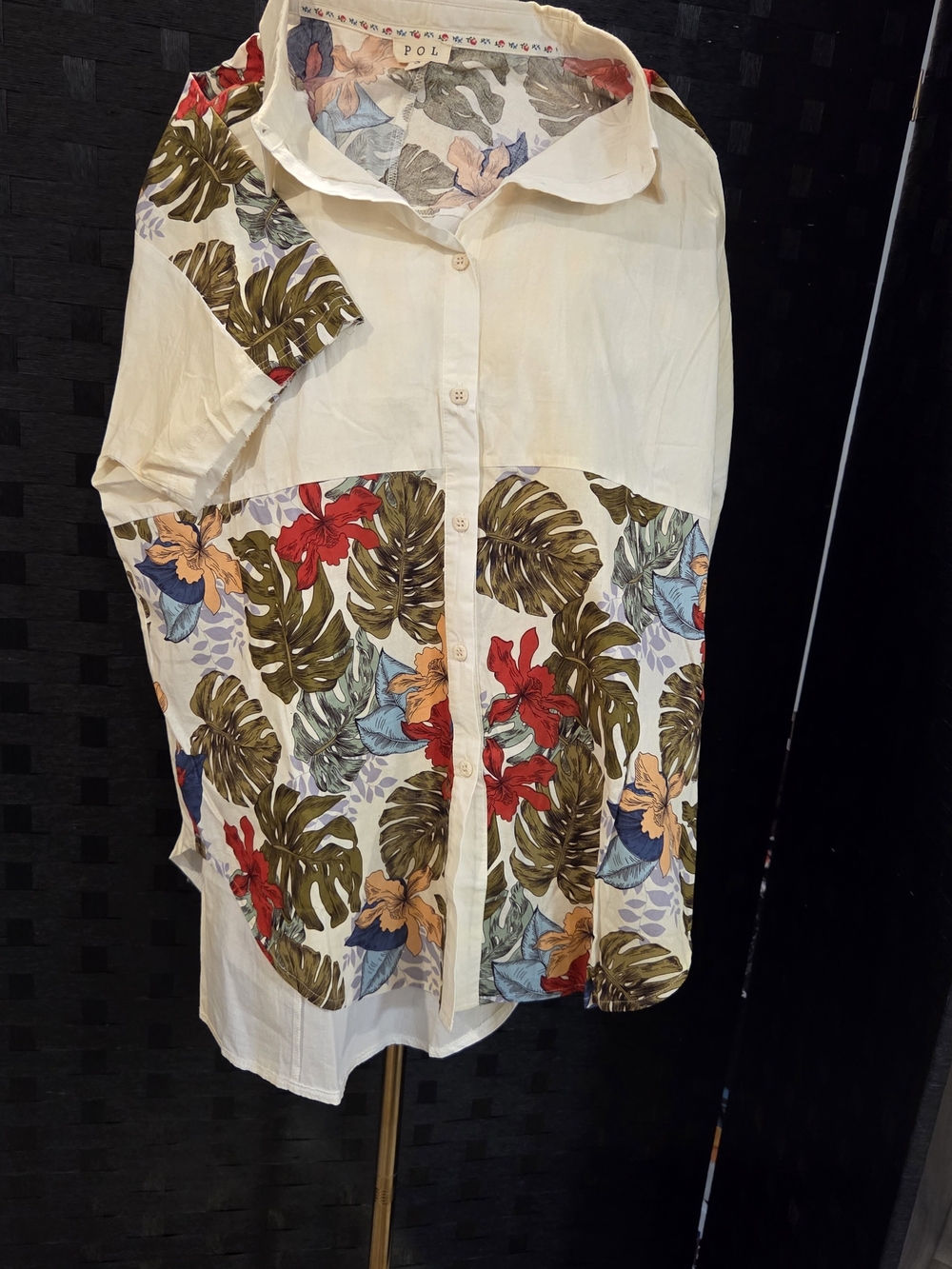 POL Boho Tropical Monstera Floral Button Up Shirt Raw Edge Frayed Shacket S